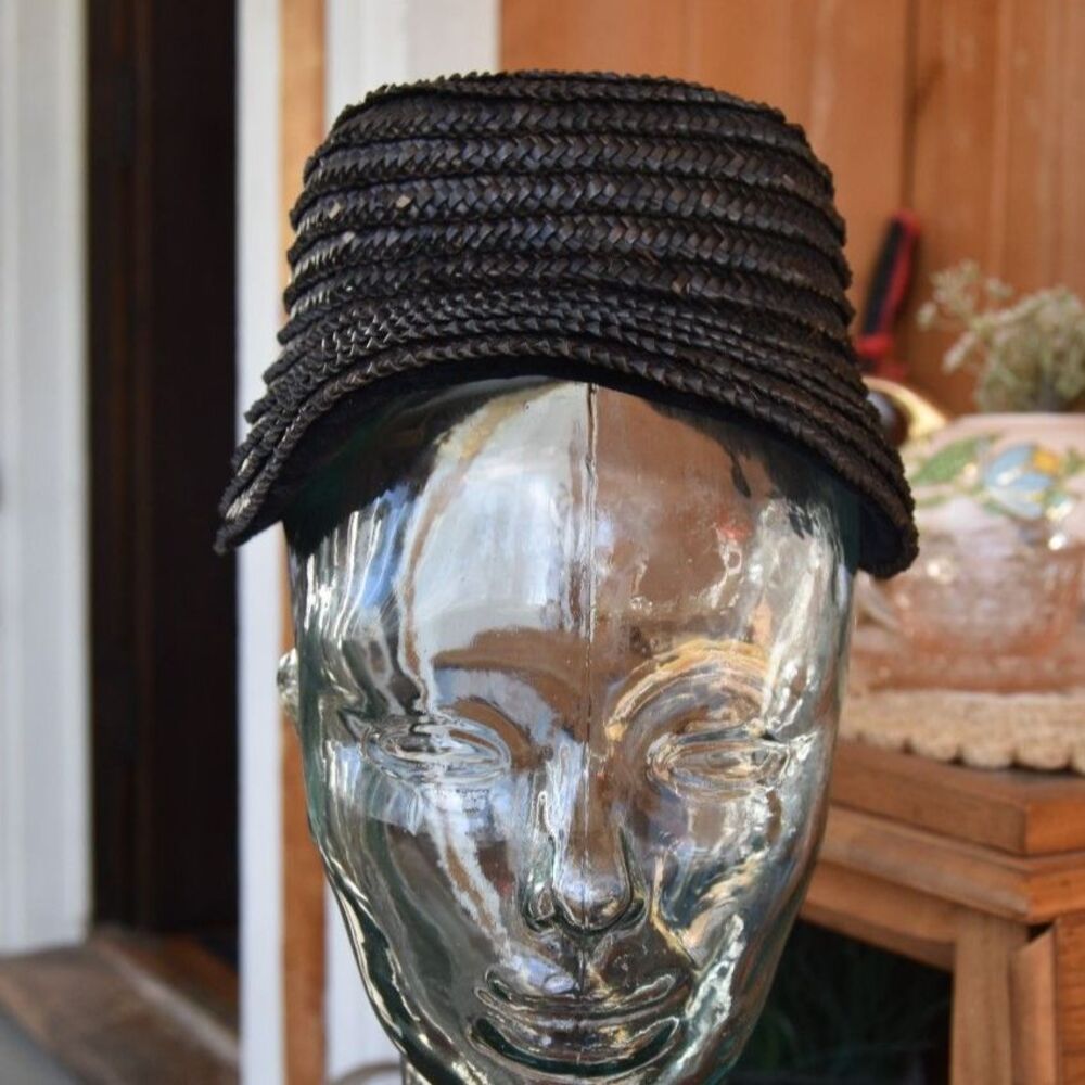 1930s-1940s Black Woven Straw Kepi Style Hat Short Visor 21 Inch Vintage